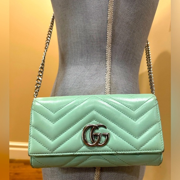 Gucci GG Marmont Chevron Wallet Minty Green W/box dustbag and unbranded chain - Picture 1 of 15